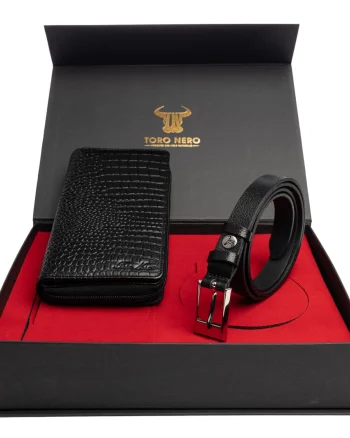 Set cadou portofel + curea din piele pentru femei negru Gia-Slim - 135 cm