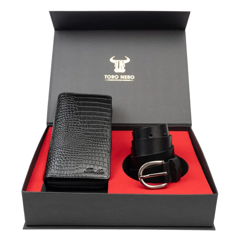 Set cadou portofel + curea din piele pentru femei negru Gia-Middle - 135 cm