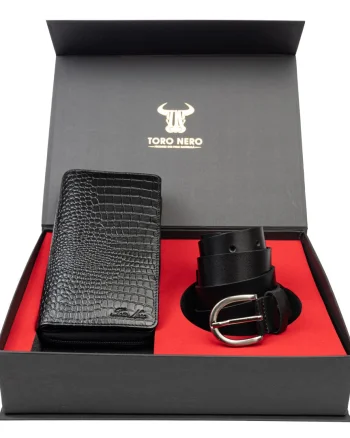 Set cadou portofel + curea din piele pentru femei negru Gia-Middle - 135 cm