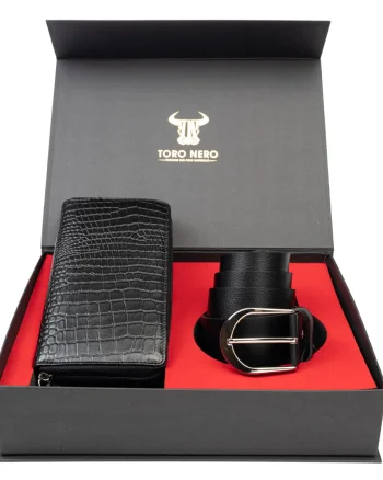 Set cadou portofel + curea din piele pentru femei negru Gia-Thick - 135 cm