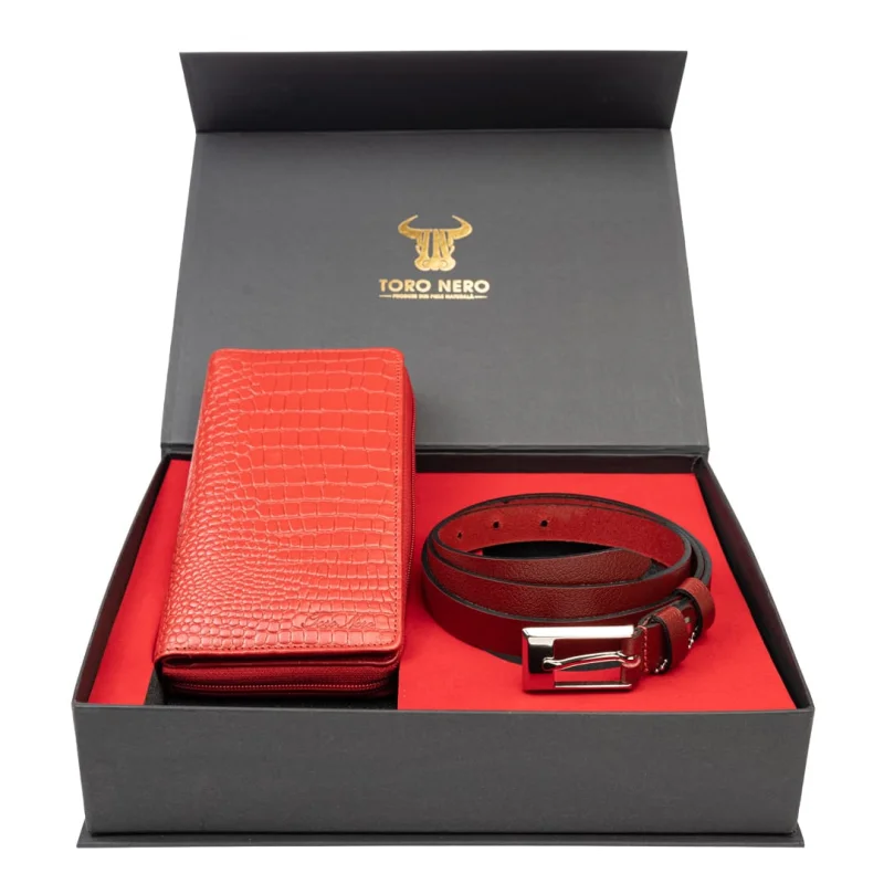Set cadou portofel + curea din piele pentru femei rosu Gia-Slim - 135 cm