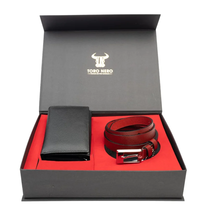 Set cadou portofel+curea din piele pentru femei negru-rosu Little-Slim - 135 cm