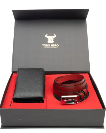 Set cadou portofel+curea din piele pentru femei negru-rosu Little-Slim - 135 cm
