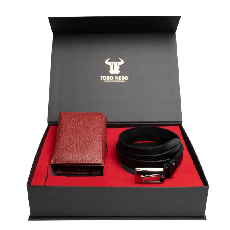 Set cadou portofel+curea din piele pentru femei rosu-negru Little-Slim - 105 cm