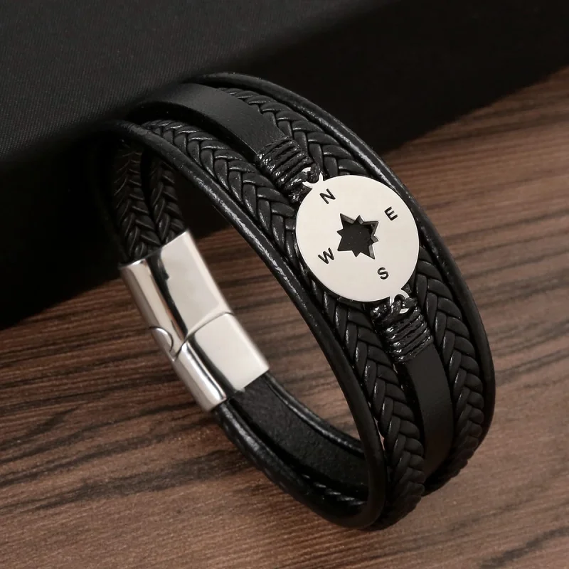 Bratara barbati din piele naturala neagra Compass