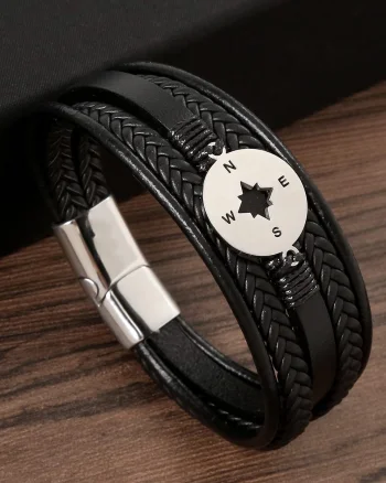 Bratara barbati din piele naturala neagra Compass