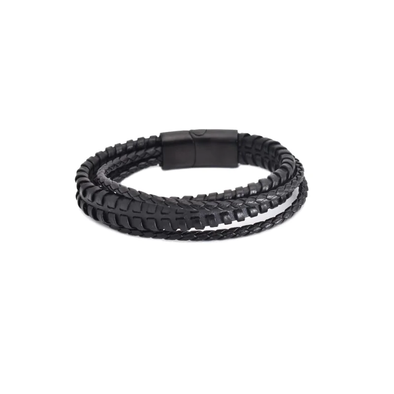 Bratara barbati din piele naturala negru Braided