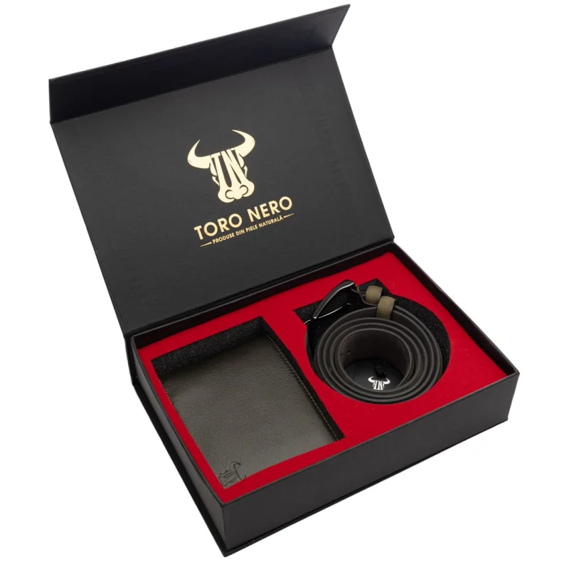Set cadou portofel + curea din piele pentru barbati verde Muselles - 135 cm