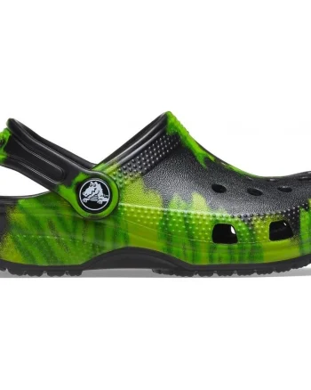 Saboți Crocs Kids' Classic Tie-Dye Graphic Clog Negru - Black/Lime Punch