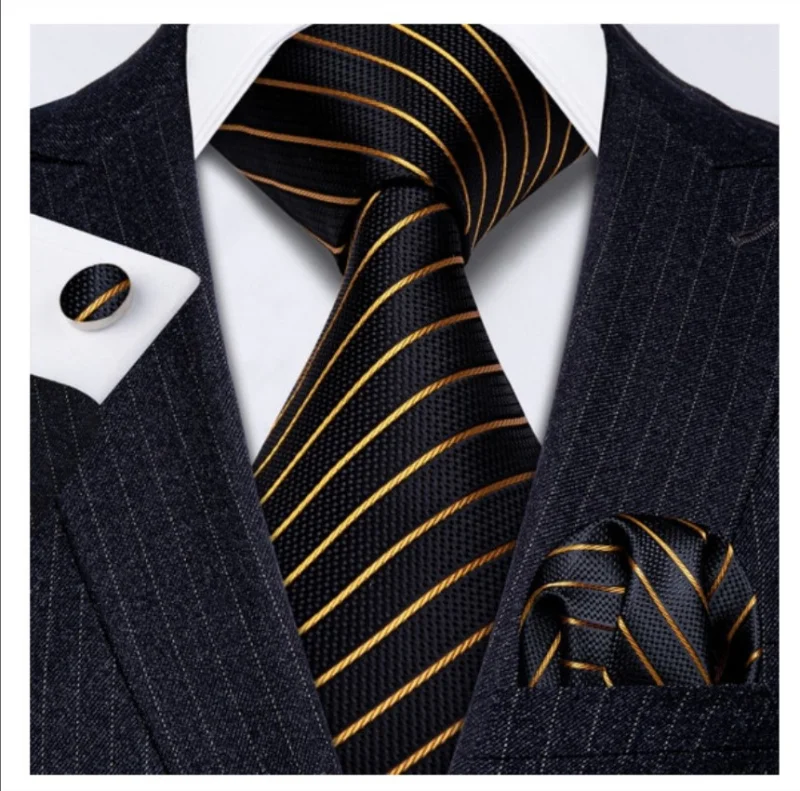 Set cravata neagra cu auriu + batista + butoni - matase - model 78