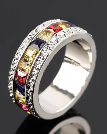 Inel de dama elegant, argintiu, stil verigheta, cu cristale, marime 57, model 37