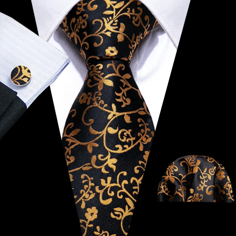 Set cravata neagra cu auriu + batista + butoni - matase - model 475