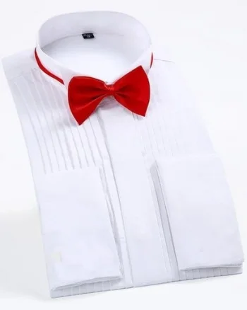 Camasa eleganta alba, cu 2 papioane (rosu si negru) si butoni, marime 43