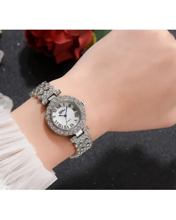 Ceas dama elegant, cu cristale, argintiu