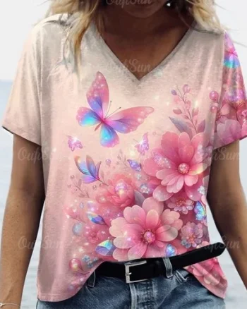 Bluza cu flori si fluturi, de dama, maneca scurta, model 52 - marimea M