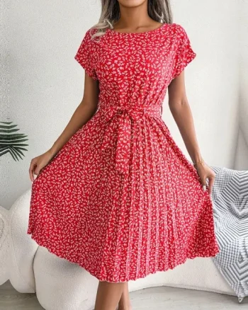 Rochie rosie cu floricele, de dama, plisata, Cindy, marimea L