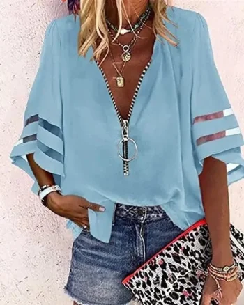 Bluza cu voal inserat, de dama, bleu, model 91, marime M