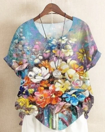 Bluza cu flori, de dama, maneca scurta, model 116, marime XL