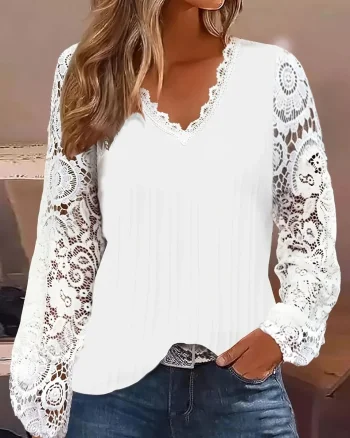 Bluza alba eleganta dama, maneci cu broderie, model 131