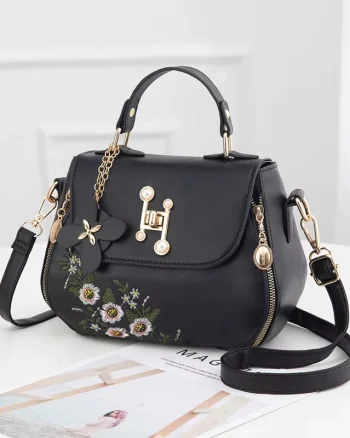 Geanta / poseta neagra de dama Lora, model floral
