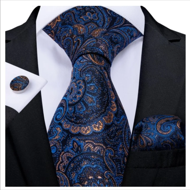 Set cravata bleumarin cu auriu + batista + butoni - matase - model 232
