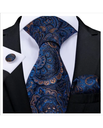 Set cravata bleumarin cu auriu + batista + butoni - matase - model 232