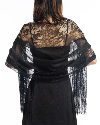 Esarfa / sal din dantela, dimensiune mare 185 x 63 cm, cu broderie, negru