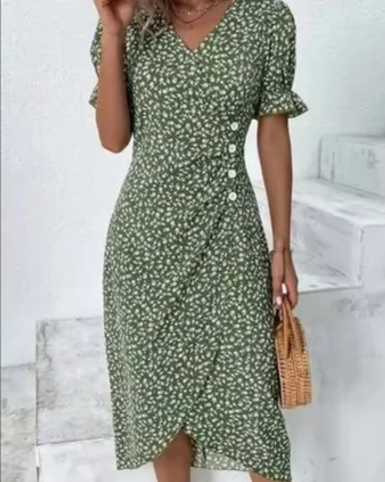 Rochie dama, model floral, verde cu alb, Sorana