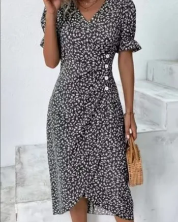 Rochie dama, model floral, negru cu alb, Sorana