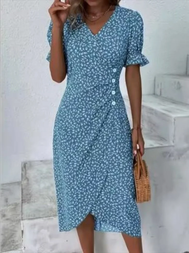 Rochie dama, model floral, albastru cu alb, Sorana