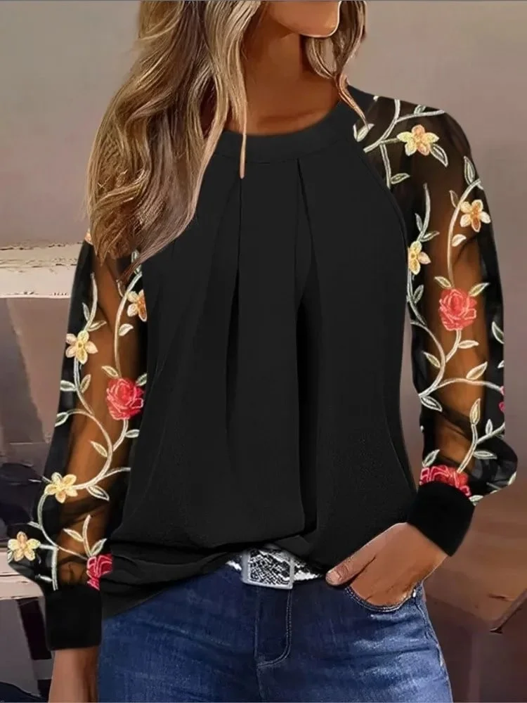 Bluza neagra eleganta dama, maneci voal cu ornament floral, model 130
