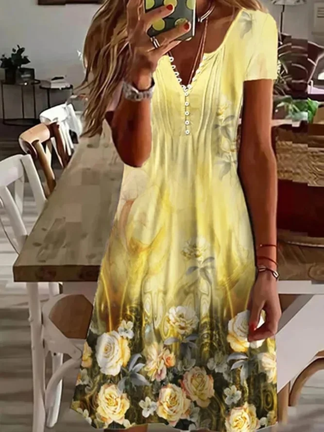 Rochie de vara, galbena, model floral Siena