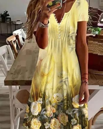 Rochie de vara, galbena, model floral Siena