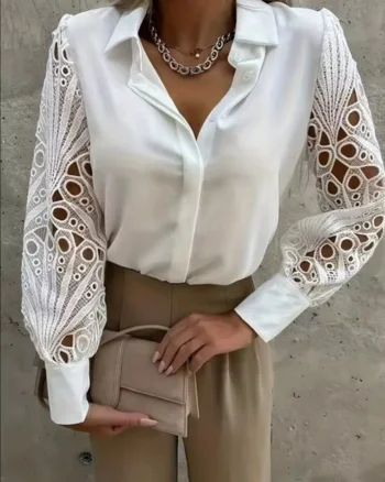 Bluza eleganta alba de dama, maneca lunga, cu dantela, model 133