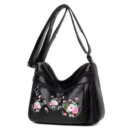 Geanta / poseta neagra de dama, Katrin, cu flori brodate