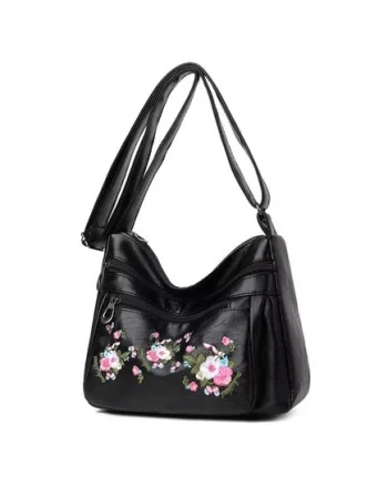 Geanta / poseta neagra de dama, Katrin, cu flori brodate
