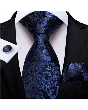 Set cravata bleumarin + batista + butoni - matase - model 445