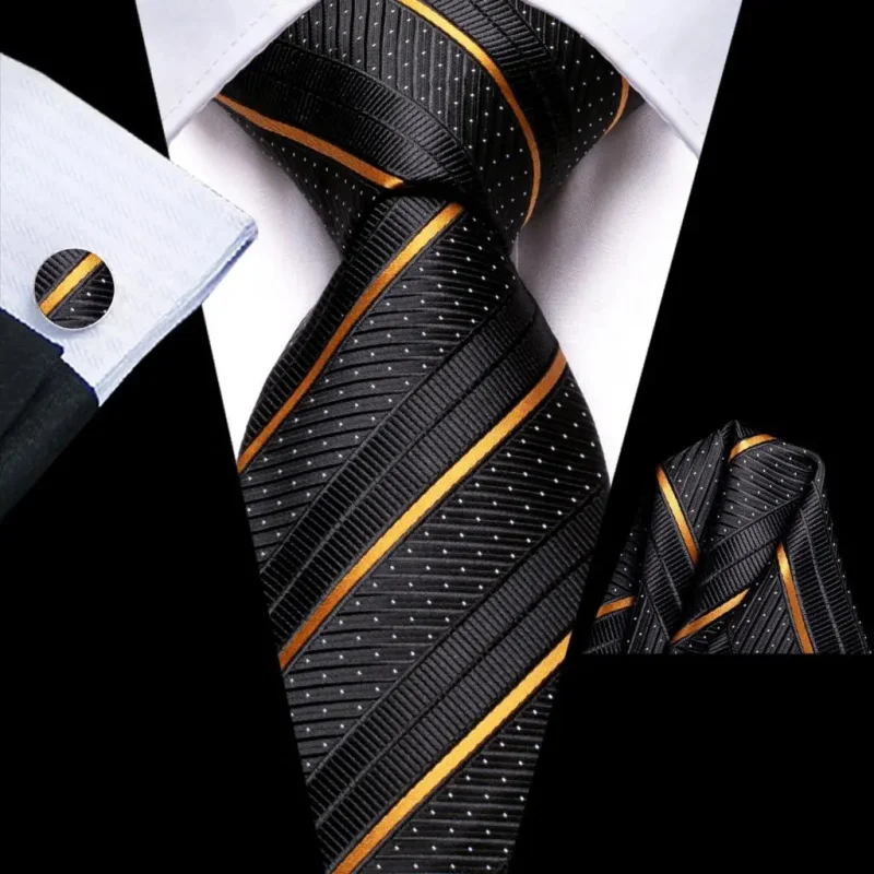 Set cravata neagra cu auriu + batista + butoni - matase - model 743