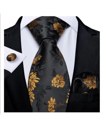 Set cravata neagra cu auriu + batista + butoni - matase - model 156