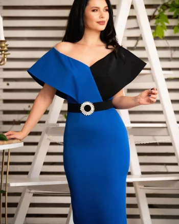 Rochie de ocazie Maxine albastra conica cu catarama pretioasa