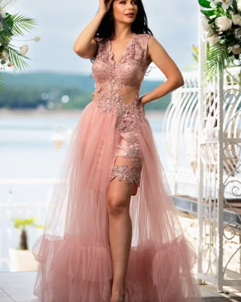 Rochie printesa Amaris roz cu dantela si tulle