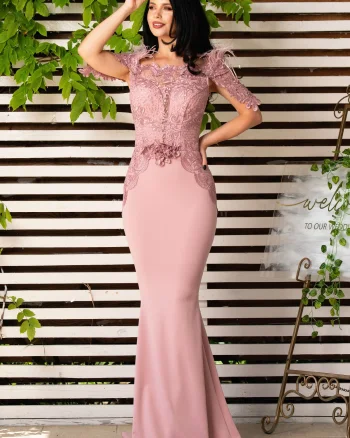 Rochie de nasa Pandora tip sirena rose cu broderie pretioasa si fulgi