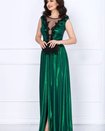 Rochie eleganta Ginette verde peliculizata cu broderie aplicata