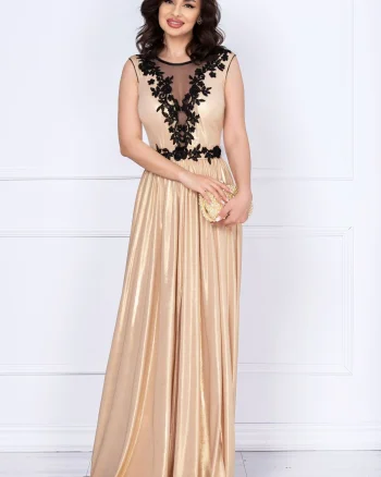 Rochie de seara Ginette gold peliculizata cu broderie aplicata