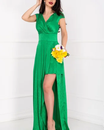 Rochie de ocazie dungata verde cu decupaj pe picior