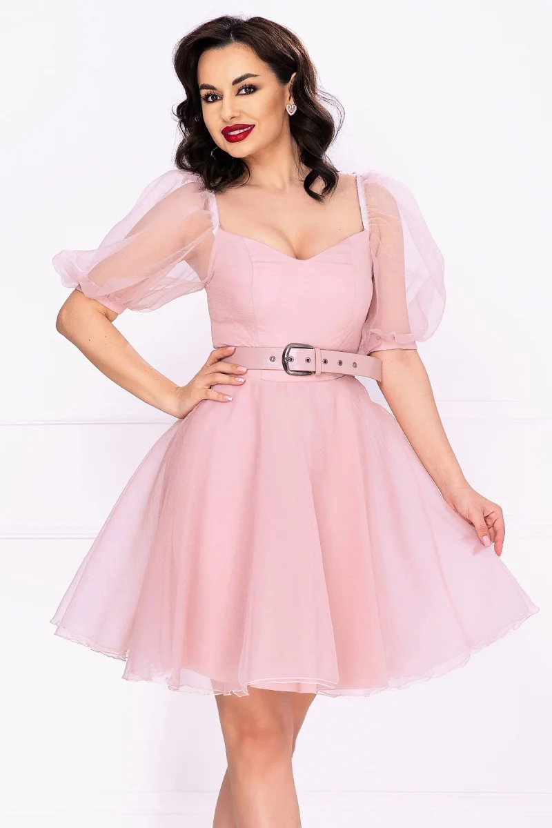 Rochie eleganta rose in clos din organza cu centura in talie