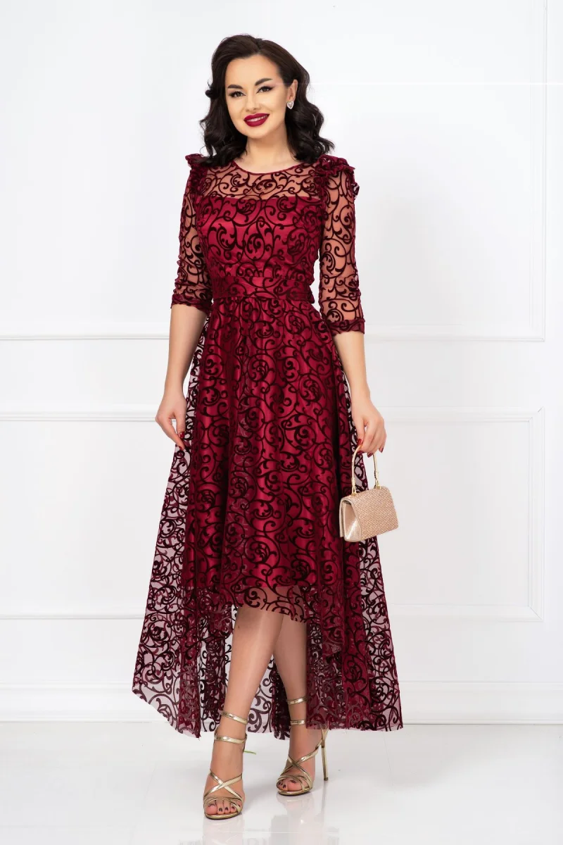 Rochie de ocazie asimetrica Francesca bordo cu model din catifea