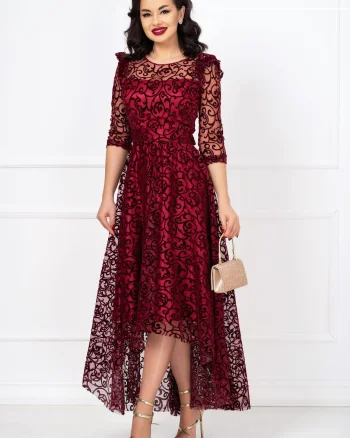 Rochie de ocazie asimetrica Francesca bordo cu model din catifea