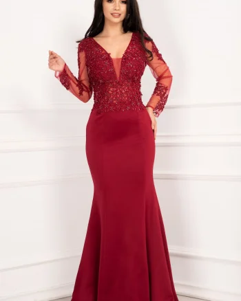 Rochie de seara bordo pretioasa tip sirena cu broderie aplicata si margele