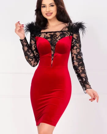 Rochie de ocazie rosie Jacqueline cu maneci lungi brodate